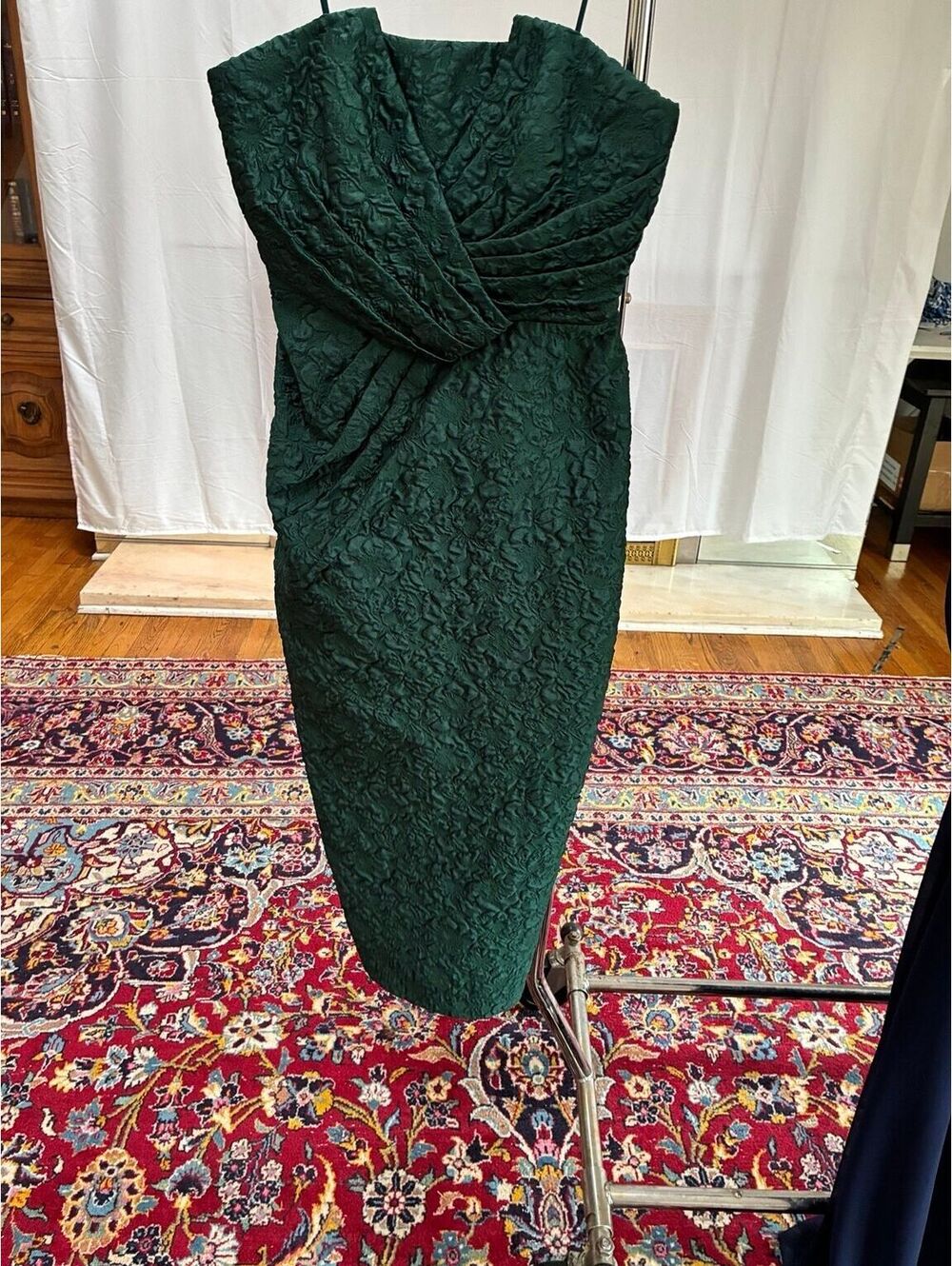 Badgley Mischka Sz 4 Emerald Green Jacquard Cocktail Midi Dress Draped $550 - Picture 2 of 6